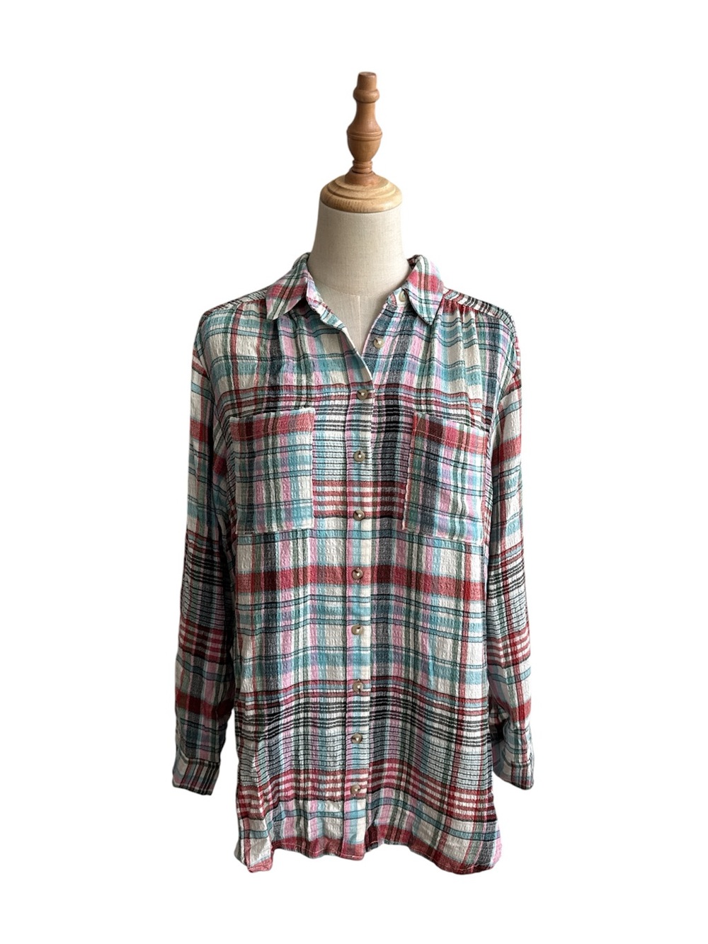 Anthropologie Pilcro The Hadley Relaxed Button Down Shirt Pink Combo Size Small - Picture 2 of 8